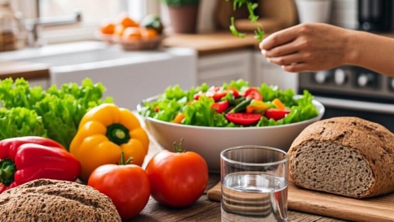 A vibrant kitchen scene featuring a wooden table with a colourful balanced meal being prepared—fresh vegetables including peppers, leafy greens, and tomatoes arranged alongside wholegrain bread, lean grilled chicken, and a glass of water. Natural daylight streams through a window, illuminating the spread. In the background, a person's hands are seen adding herbs to a salad, conveying a sense of mindful, enjoyable food preparation rather than restrictive dieting. The overall atmosphere is warm, inviting, and promotes a healthy relationship with food.