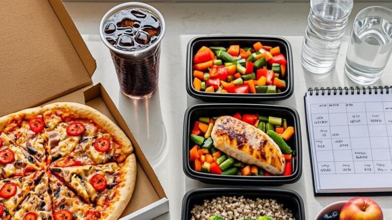 A realistic photograph of a kitchen worktop scene viewed from above, showing a contrast between weight loss mistakes and correct choices. On the left side, there is a scattered arrangement representing common mistakes: a takeaway pizza box, a large sugary cola drink, a packet of crisps, and a mobile phone displaying a fad diet advertisement. On the right side, neatly organised meal prep containers filled with grilled chicken, roasted vegetables, brown rice, and fresh fruit, alongside a filled water bottle with lemon slices and a small notebook open to a meal planning page. Natural daylight streams across the scene from a nearby window, casting soft shadows. The image conveys the conscious choice between unhealthy shortcuts and thoughtful preparation in the weight loss journey.