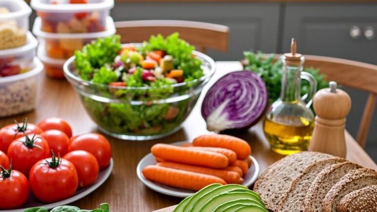 A bright, modern kitchen scene featuring a wooden table covered with an array of colourful fresh vegetables including cherry tomatoes, purple cabbage, carrots, and leafy greens. A glass bowl contains mixed salad ingredients, whilst small glass containers of pre-prepared meals are neatly arranged in the background. A wooden chopping board holds sliced avocado and whole grain bread, with a jar of olive oil and a pepper mill nearby. Natural sunlight streams through a window, casting warm highlights across the wholesome spread. The overall atmosphere conveys organisation, freshness, and the accessibility of healthy eating for beginners.