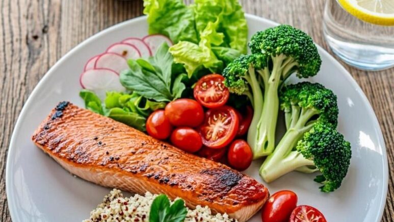 A top-down photograph of a round white ceramic plate on a rustic wooden table, perfectly demonstrating balanced meal proportions. The right half of the plate is filled with vibrant, colourful vegetables including steamed broccoli florets, roasted cherry tomatoes, and fresh mixed salad leaves with thinly sliced radishes. The top-left quarter contains a generous portion of grilled salmon with visible herbs and a golden crust. The bottom-left quarter holds a serving of fluffy quinoa garnished with fresh parsley. A small ceramic ramekin of olive oil sits nearby, alongside a glass of water with lemon slices. Natural daylight from a nearby window casts soft shadows, highlighting the textures and colours of the fresh ingredients.