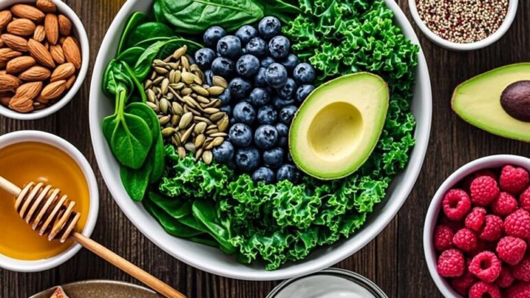 A beautifully arranged wooden kitchen table photographed from above in natural daylight, showcasing an assortment of the healthiest foods neatly organised in ceramic bowls and on slate boards. In the centre, a large white bowl holds a vibrant green salad of baby spinach and kale topped with blueberries, sliced avocado, and pumpkin seeds. Surrounding it are small dishes containing almonds, walnuts, chia seeds, quinoa, Greek yoghurt with a drizzle of honey, and fresh raspberries. A jar of extra virgin olive oil and a small plate of grilled salmon fillet sit to one side, while a glass of kefir and a handful of rolled oats complete the spread. The colours are rich and natural — deep greens, purples, and earthy browns — conveying freshness, nourishment, and wholesome eating.