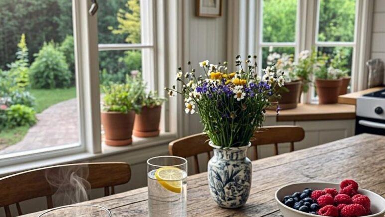 A bright, airy kitchen scene bathed in morning sunlight streaming through large windows. On a rustic wooden table sits a vibrant breakfast spread: a bowl of overnight oats topped with fresh berries and nuts, a glass of water with lemon slices, and a steaming cup of herbal tea. Nearby, a open journal with a pen rests beside a small vase of wildflowers. Through the window, a glimpse of a garden path leading towards greenery suggests an invitation for a morning walk. The overall atmosphere conveys warmth, tranquillity, and the promise of a balanced, healthy day ahead.