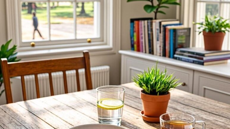 A bright, airy kitchen scene bathed in soft morning sunlight streaming through large windows. On a rustic wooden table sits a neatly arranged breakfast: a bowl of porridge topped with fresh berries and nuts, a glass of water with lemon slices, and a steaming cup of herbal tea. Beside the food, an open journal with a pen rests next to a small potted plant. In the background, through the window, a person is visible taking a morning walk along a tree-lined path. The overall atmosphere conveys tranquillity, health, and mindful living, with warm natural tones of cream, green, and soft gold predominating.