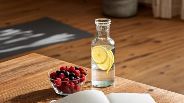 A serene morning scene depicting a wooden kitchen table bathed in soft golden sunlight streaming through a window. On the table sits a glass water bottle with lemon slices, a small bowl of mixed berries and nuts, and an open journal with a fountain pen resting beside it. In the background, slightly out of focus, a yoga mat is rolled out on wooden flooring near a potted green plant. The overall atmosphere conveys tranquility and intentional wellness, with natural elements and warm lighting suggesting the peaceful start of a day focused on healthy habits.