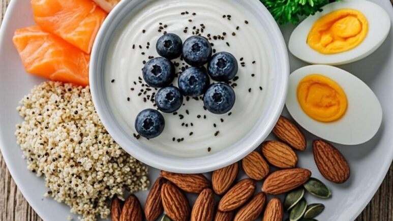 A beautifully arranged flat-lay photograph on a rustic wooden table showcasing an assortment of high-protein foods. In the centre, a white ceramic bowl filled with Greek yoghurt is topped with fresh blueberries and a sprinkle of chia seeds. Surrounding it are portions of grilled chicken breast, pink salmon fillets, hard-boiled eggs cut in half, and a small mound of cooked quinoa. To the side, a handful of raw almonds and pumpkin seeds are scattered near a small dish of hummus with chickpeas. Fresh herbs such as parsley and basil add vibrant green accents, whilst soft natural lighting from a nearby window casts gentle shadows across the composition, emphasising the wholesome and nutritious nature of the foods.