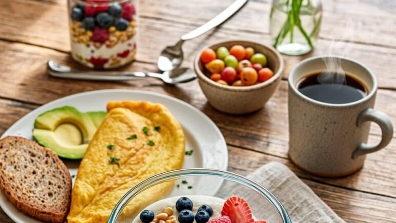 A beautifully arranged breakfast table bathed in soft morning light, featuring an assortment of high-protein breakfast options. In the foreground, a glass bowl of Greek yoghurt topped with fresh blueberries, sliced strawberries, and a sprinkle of granola and chia seeds. Beside it, a white plate holds a fluffy three-egg omelette garnished with herbs and accompanied by sliced avocado on wholegrain toast. A tall glass of a vibrant green protein smoothie, complete with a metal straw, sits alongside a small bowl of cottage cheese with peach slices. In the background, a jar of overnight oats with layers of milk, protein powder, and fruit is visible, next to a measuring scoop of protein powder. The table is set on natural wood with a linen napkin, a small vase of fresh flowers, and a steaming cup of black coffee, creating an inviting and nutritious morning spread.