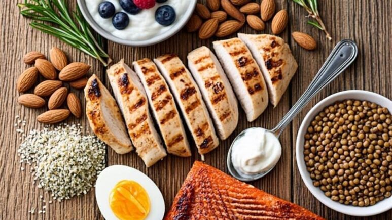 A vibrant overhead photograph showcasing an assortment of high-protein foods arranged on a rustic wooden table. The composition includes grilled chicken breast slices, a bowl of Greek yoghurt topped with berries, a portion of baked salmon, a small pile of almonds and hemp seeds, a bowl of lentils, hard-boiled eggs cut in half, and a scoop of cottage cheese. Fresh herbs and a measuring tape are artfully placed around the foods, symbolising the connection between protein intake and weight management. Natural daylight streams across the scene, highlighting the textures and colours of the various protein sources.