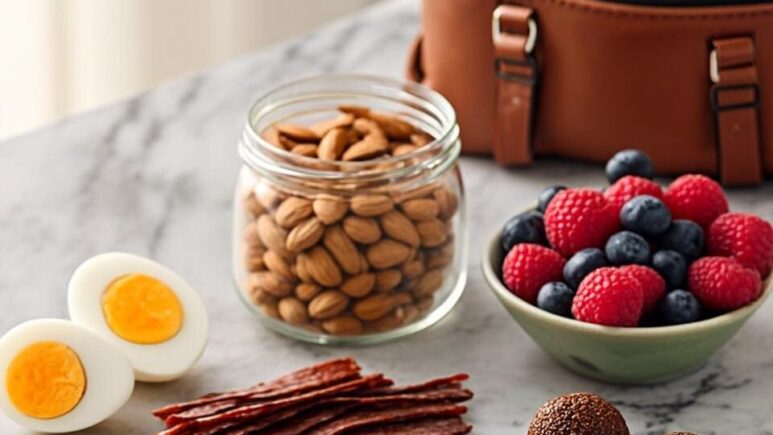 A beautifully styled flat lay photograph on a marble countertop featuring an array of healthy high-protein snacks arranged in small glass containers and linen pouches. The composition includes a jar of almonds, a small bowl of Greek yoghurt topped with berries, two hard-boiled eggs, a portion of beef jerky, protein energy balls dusted with cocoa, and a reusable water bottle. A leather work bag sits open in the background with a few protein bars visible inside, suggesting the snacks are being prepared for a busy day. Natural daylight streams in from the left, casting soft shadows and highlighting the fresh, wholesome nature of the foods. The colour palette is warm and inviting, with earthy tones of brown, cream, and soft greens.