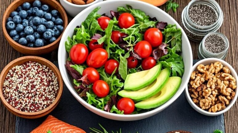 A vibrant overhead flat-lay photograph of a wooden dining table adorned with an abundant spread of the healthiest foods for body health. In the centre, a large white ceramic bowl contains a colourful salad of dark leafy greens, cherry tomatoes, and sliced avocado. Surrounding the bowl are small wooden bowls filled with blueberries, almonds, and quinoa. A fillet of pink grilled salmon rests on a slate plate, garnished with fresh herbs. A glass jar of Greek yogurt sits beside a small dish of chia seeds and a handful of walnuts. Fresh broccoli florets, a bunch of purple kale, and bright orange sweet potatoes add further colour to the composition. A bottle of extra virgin olive oil and a small dish of hummus complete the spread. Natural daylight streams across the scene, highlighting the textures and vivid colours of these nutrient-dense foods against the rustic wooden surface.