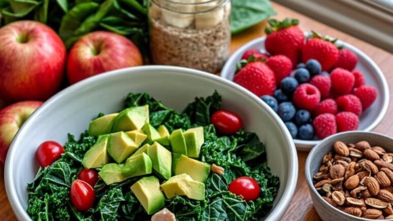 A vibrant overhead photograph of a wooden dining table filled with an array of colourful healthy foods arranged in small bowls and on wooden boards. In the centre, a large white ceramic bowl contains a fresh salad of mixed leafy greens, cherry tomatoes, and sliced avocado. Surrounding it are small bowls of blueberries, strawberries, and raspberries, a jar of overnight oats topped with banana slices, a plate of grilled salmon with lemon, a small dish of mixed nuts and seeds, and a glass of green tea. A bunch of fresh spinach and a few apples sit naturally on the table edge. The natural daylight streaming through a nearby window creates soft shadows and highlights the rich colours and textures of the wholesome foods. The composition conveys abundance, freshness, and the variety essential for daily healthy eating.