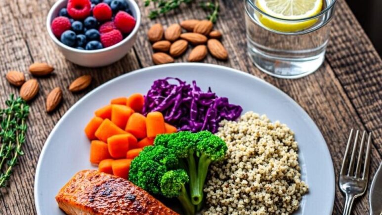 A vibrant overhead photograph of a wooden dining table featuring a beautifully arranged balanced meal. A white ceramic plate sits at the centre, divided visually into sections: one half filled with colourful roasted vegetables including bright orange carrots, deep purple cabbage, and emerald green broccoli; one quarter showing a portion of grilled salmon with visible herbs; and the remaining quarter containing a serving of brown quinoa. Surrounding the plate are fresh ingredients—a small bowl of mixed berries, a handful of almonds, a glass of water with lemon slices, and scattered fresh herbs. Soft natural daylight streams across the scene from a nearby window, casting gentle shadows and highlighting the textures and colours of the wholesome foods. The overall composition conveys freshness, abundance, and the artistry of nutritious eating.