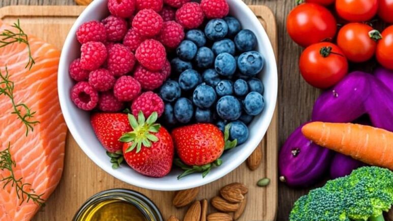 A vibrant overhead photograph of a rustic wooden table laden with an abundant assortment of the healthiest foods. In the centre, a large white ceramic bowl overflows with mixed berries—blueberries, strawberries, and raspberries—their colours vivid against the pale background. Surrounding the bowl are scattered walnuts, almonds, and pumpkin seeds, with a small glass jar of golden honey nearby. To the left, a wooden cutting board displays fresh salmon fillets with herbs, whilst to the right, a colourful array of vegetables includes cherry tomatoes, purple kale, orange carrots, and bright green broccoli. A Mason jar of overnight oats with layered berries sits in the foreground, alongside a glass of water with fresh mint and cucumber slices. Natural daylight streams in from the upper left, casting soft shadows and highlighting the natural textures and colours of the nutritious spread.