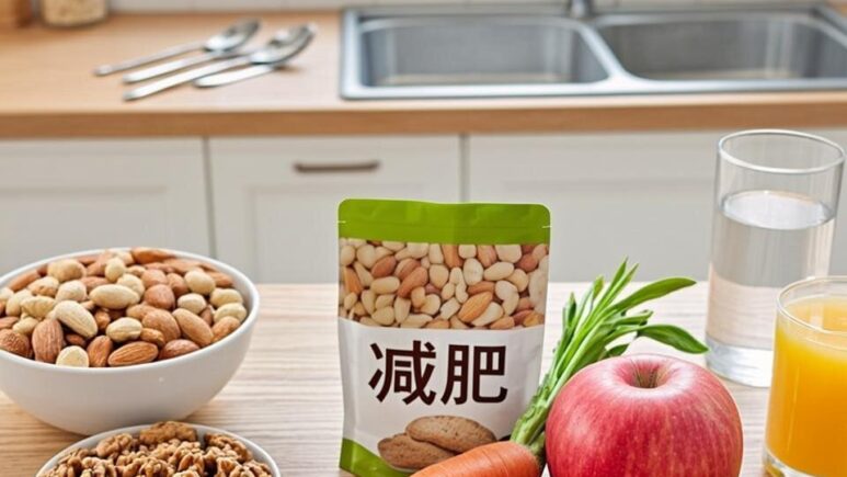 A well-lit kitchen scene featuring a wooden table with various foods that illustrate common healthy eating mistakes. On the left, an oversized bowl of mixed nuts next to a proper 30g portion in a small dish for comparison. In the centre, a selection of 'diet' foods with their labels visible, alongside whole food alternatives like fresh fruits and vegetables. On the right, a glass of water next to a sugary fruit juice, with measuring spoons and a food scale visible in the background. The image has a natural, educational feel with soft lighting that highlights the contrast between processed diet foods and whole, natural alternatives.