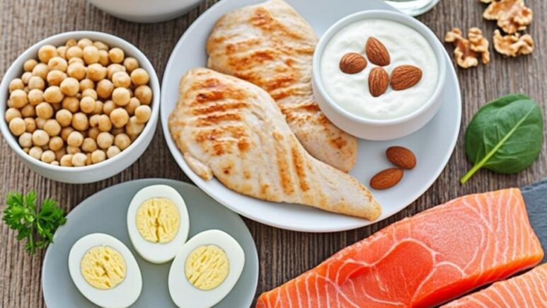 A beautifully arranged flat lay photograph on a rustic wooden table showcasing a variety of high-protein foods. In the centre, a white ceramic plate holds a generous portion of grilled chicken breast alongside a small bowl of Greek yoghurt topped with almonds. Surrounding the plate are bowls containing cooked lentils, chickpeas, and quinoa, with fresh salmon fillets on a slate board. A small dish of hard-boiled eggs sits to one side, whilst a handful of pumpkin seeds and walnuts are scattered artfully nearby. Fresh herbs including parsley and basil add vibrant green accents, and a glass of milk completes the composition. Soft natural lighting from a nearby window creates gentle shadows, highlighting the textures and colours of the protein-rich foods.