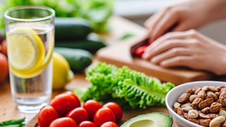 A bright, modern kitchen scene featuring a wooden chopping board with colourful fresh vegetables including cherry tomatoes, cucumber, avocado, and leafy greens. Beside it sits a glass water bottle with lemon slices and a small bowl of mixed nuts. In the background, a person's hands are visible preparing a healthy meal, with a measuring tape loosely draped around the counter edge. Natural daylight streams through a window, creating a warm, inviting atmosphere that conveys health, freshness, and mindful eating. The overall composition suggests balance and nourishment rather than restriction.