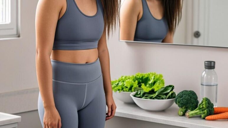 A woman stands on a bathroom scale looking down with a frustrated expression, surrounded by healthy foods including a bowl of salad, fresh vegetables, and a water bottle on a nearby counter. The scale displays a number, and her reflection in a mirror shows determination mixed with disappointment. Natural morning light streams through a window, creating a realistic and relatable scene that captures the common struggle of weight loss plateaus.