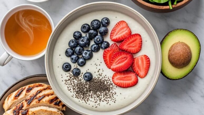 A beautifully arranged flat-lay photograph on a clean marble surface showcasing an array of weight loss-friendly foods. In the centre, a white ceramic bowl contains creamy Greek yoghurt topped with vibrant blueberries, sliced strawberries, and a scattering of chia seeds. Surrounding the bowl are neatly organised portions of grilled chicken breast slices, a small dish of mixed nuts including almonds and walnuts, fresh leafy greens including spinach and kale in a wooden bowl, and bright green avocado halves. A glass of green tea sits to one side with gentle steam rising, whilst a small jar of honey and a handful of oats complete the composition. Natural daylight streams from the left, casting soft shadows and highlighting the fresh, colourful textures of the nutritious foods.