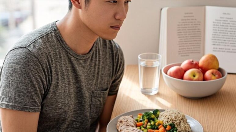 A well-lit kitchen scene featuring a person standing at a worktop, looking thoughtfully at a plate of balanced food — grilled chicken, roasted vegetables, and a small portion of brown rice. On the counter beside them sits a glass of water and a bowl of fresh fruit, contrasting with a crumpled takeaway menu and an empty fizzy drink bottle discarded in a nearby bin. In the background, a wall calendar with circled dates and a notebook showing a food diary are visible, suggesting planning and reflection. Natural daylight streams through a window, casting a warm, encouraging glow over the scene. The overall atmosphere conveys determination, mindfulness, and the transition from unhealthy habits to informed, sustainable choices.