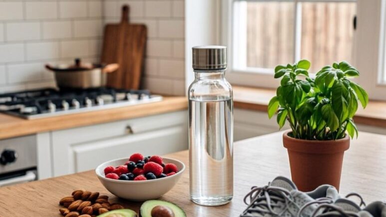 A bright, airy kitchen scene photographed in natural morning light. A clear glass water bottle sits on a wooden countertop alongside a small bowl of fresh berries, a halved avocado, and a handful of almonds. Nearby, a pair of comfortable walking shoes rests beside a potted herb plant. Through the kitchen window, soft sunlight streams in, suggesting early morning. The overall mood is calm, inviting, and attainable—conveying that healthy choices can be simple and integrated into everyday life without fuss or extreme measures.