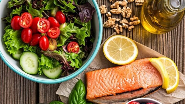 A vibrant, overhead flat-lay photograph of a beautifully arranged nutritious meal on a rustic wooden table. The scene features a colourful salad bowl filled with mixed greens, cherry tomatoes, cucumber, and avocado, alongside grilled salmon fillet with lemon wedges. A small bowl of mixed berries—strawberries, blueberries, and raspberries—sits nearby, accompanied by a glass of water with fresh mint leaves. Whole ingredients including a bunch of fresh spinach, walnuts, and a bottle of olive oil are scattered artfully around the plates. Natural daylight streams in from the left, casting soft shadows and highlighting the vivid colours of the fresh produce. The composition evokes a sense of health, vitality, and mindful eating.