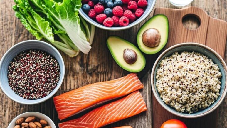 A vibrant overhead photograph of a wooden dining table laden with an abundant spread of colourful whole foods. Fresh leafy greens, ripe berries, sliced avocado, grilled salmon, quinoa, and an assortment of roasted vegetables are arranged in ceramic bowls and on a rustic wooden board. A glass of water with lemon slices sits alongside a small dish of mixed nuts. Soft natural light streams through a nearby window, casting warm highlights across the fresh produce and creating an inviting, wholesome atmosphere that visually represents the harmony between nutritious food and wellbeing.